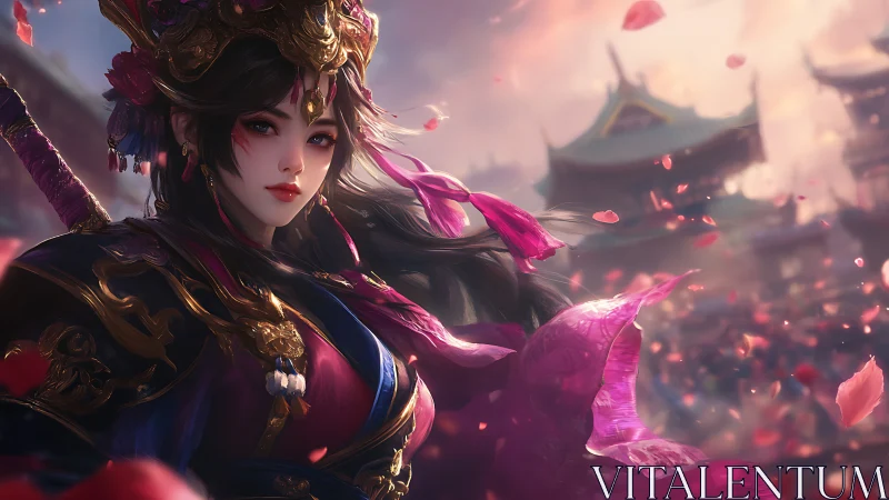 Blossom-bladed empress rides a crimson storm of petals.