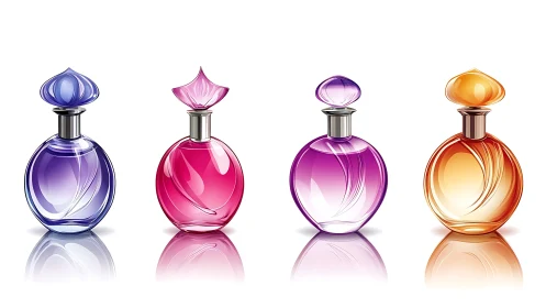 Row of colored perfume bottles on reflective white surface.