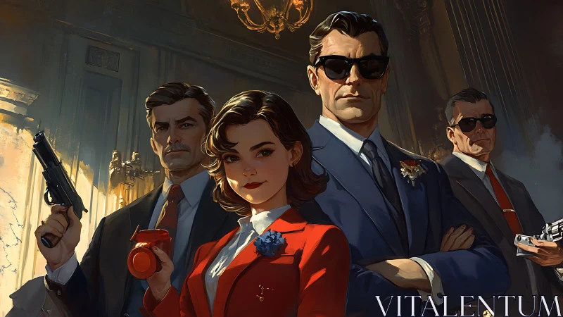 Retro-styled secret agents in suits stand in formation.