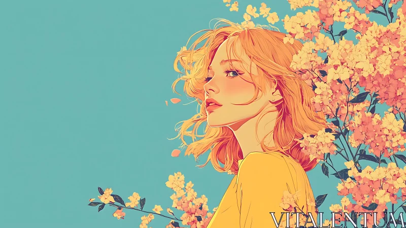 Golden haired woman beside blooming coral flowers.