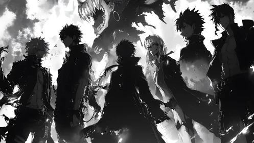 High-contrast monochrome anime squad confronts looming shadow beast