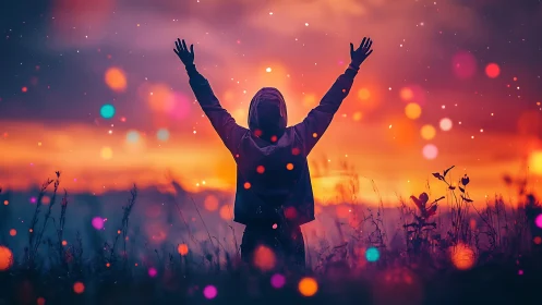 Silhouetted figure in field under vivid sunset sky with bokeh.