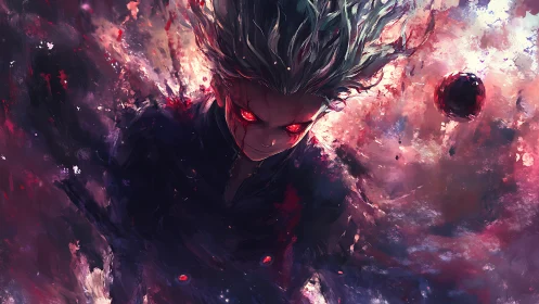 Demonic warrior emerges from swirling cosmic chaos.