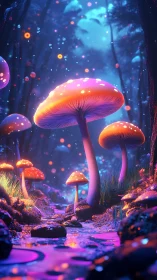 Bioluminescent mushrooms illuminate a neon fantasy creek
