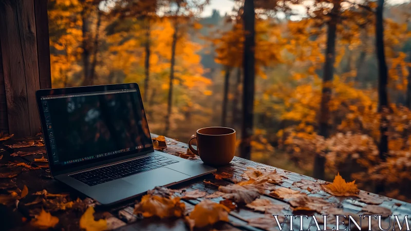 Laptop and coffee on rustic table in glowing autumn woods.