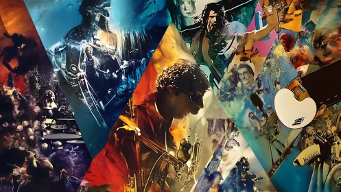 Collaged digital painting shows fragmented musicians and instruments