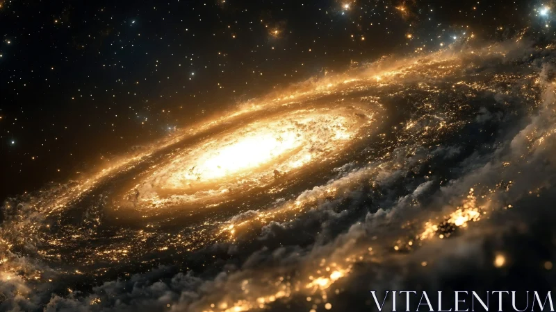 Spiral galaxy core glows with dense golden starfields.