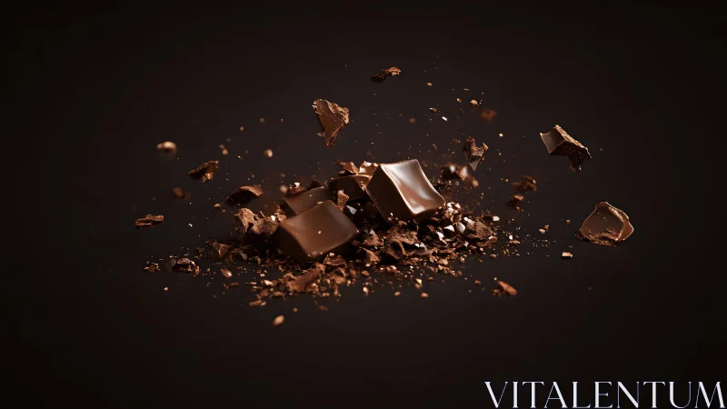 Exploding chocolate pieces in dark, dramatic minimalist style. Exploding chocolate pieces in dark, dramatic minimalist style.