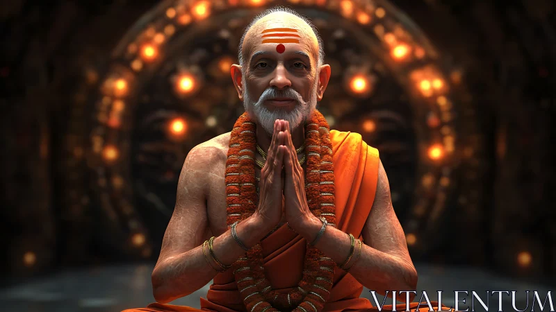 Serene Hindu monk in orange robes meditates before sacred lights.