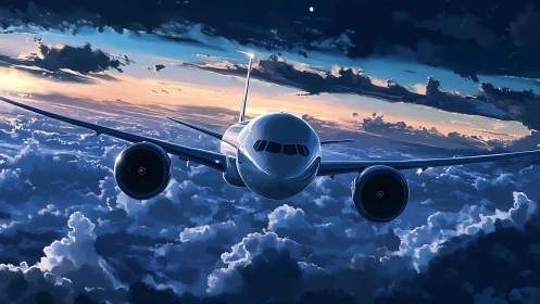 Passenger jet flying above clouds at dramatic sunset sky.
