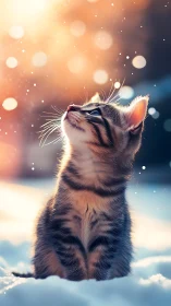 Wonder-Struck Kitten Gazes Upward Through Enchanted Snowscape