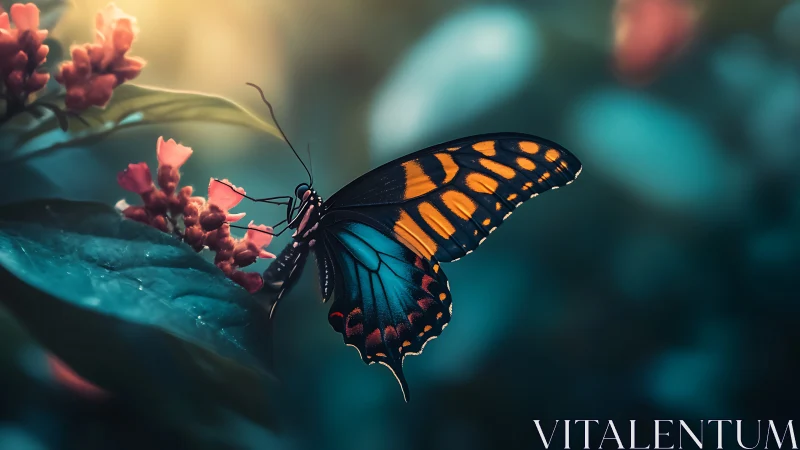 Butterfly on flowering plant in soft backlit garden setting.