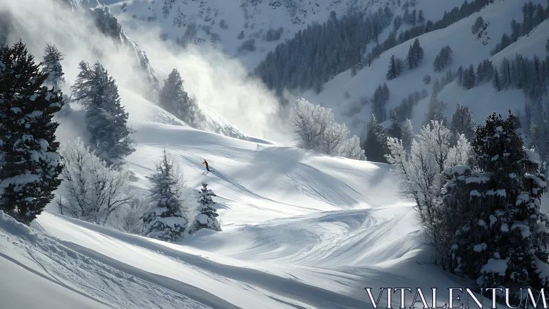 Solo skier carves fresh tracks across misty alpine valley.