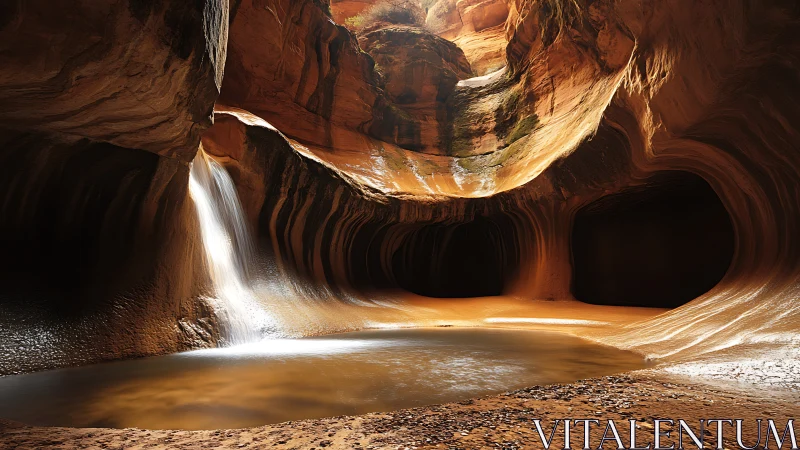 Sunlit sandstone cavern with pool and falling water.