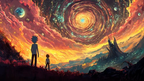 Cosmic vortex sky over observers in luminous alien valley.