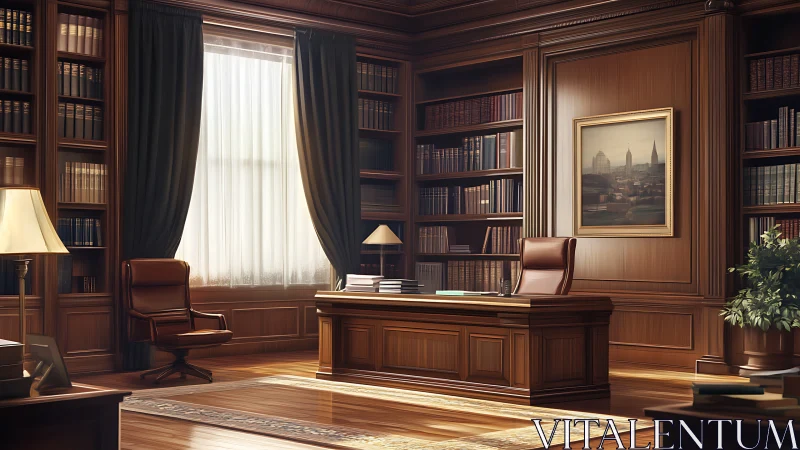 Sunlit law library office savors hush of polished authority