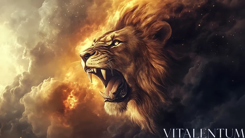 Digitally rendered lion head emerging from dense clouds.