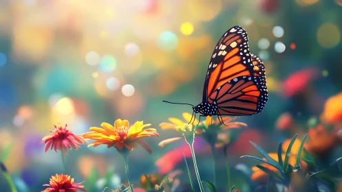 Monarch butterfly pauses on glowing wildflowers at sunrise.