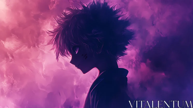 Brooding anime silhouette in neon violet storm clouds.