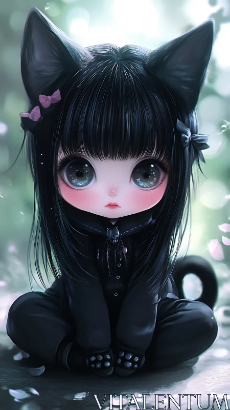 Chibi catgirl in black outfit sits in soft bokeh light