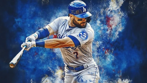 Baseball batter in blue uniform swinging against art backdrop.