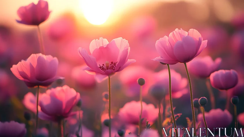 Pink Cosmos Flowers Glowing in Golden Sunrise Light.