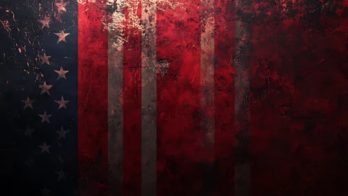 Weathered American flag dissolves into crimson mystery haze.