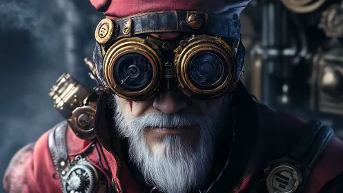 Elderly figure in steampunk goggles and mechanical gear.