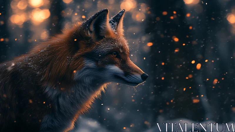Fox in glowing winter forest watches drifting embers.
