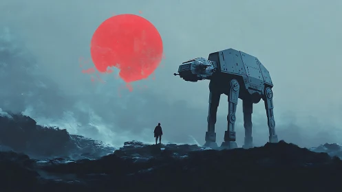 Walker silhouette under red sun on misty alien ridge.