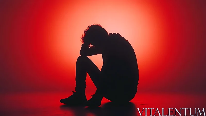 Quiet silhouette person rests in deep red reflective light