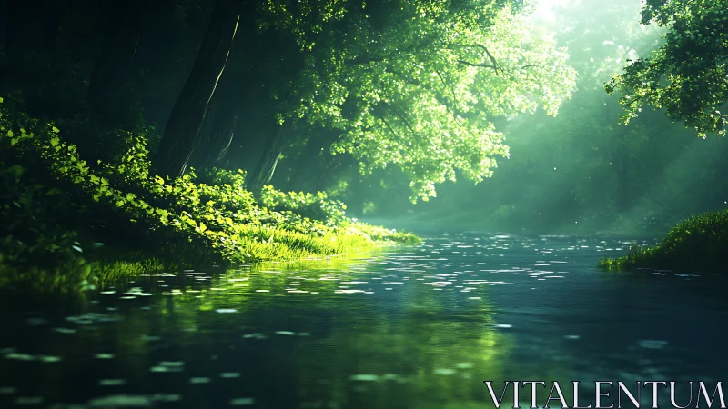 Sunlit forest river offering a quiet, soothing escape.
