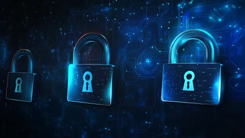 Neon data padlocks guarding a glowing cyber vault wall.