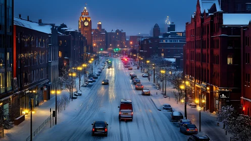 Photorealistic snowy boulevard with axial night perspective.