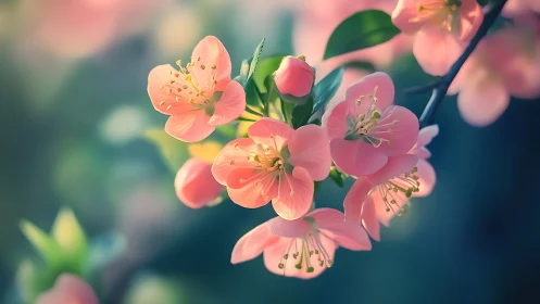 Pink cherry blossoms illuminated with selective focus and atmospheric blur.