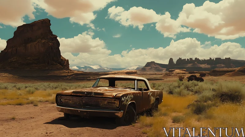 Sunlit desert classic car resting beneath wide open skies.