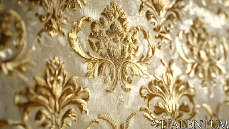 Ornate Gold Damask Pattern on Luxurious Fabric, Baroque Style.