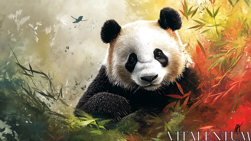 Highly detailed panda portrait within abstract bamboo foliage field