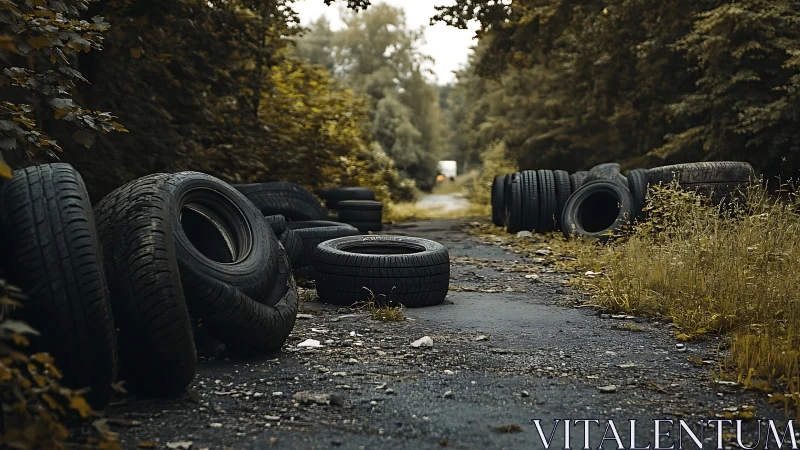 Discarded tires lining an overgrown rural roadway at dusk.