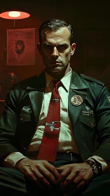 Interrogation room officer in cinematic noir desk lighting