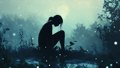 Silhouette of seated figure in rain against blurred foliage