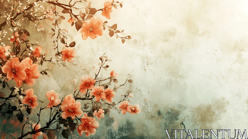 Coral Flowers Against Weathered Textured Surface.