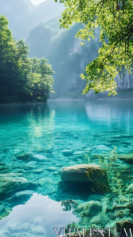 Clear turquoise lake with visible rocky bed and forested slopes