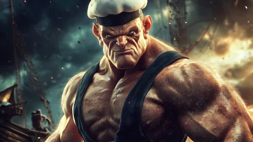 Muscular sailor character in dramatic stormy seascape scene.