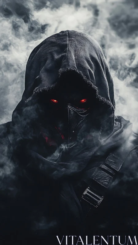 Hooded masked figure emerges from swirling cinematic smoke