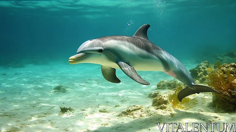 Graceful reef dolphin gliding through turquoise hush.