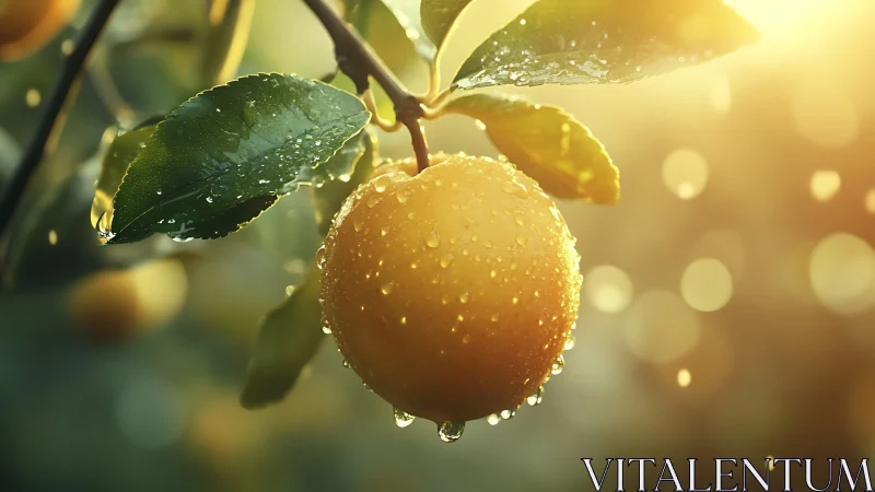 Sunlit citrus fruit with dewdrops in soft bokeh glow.