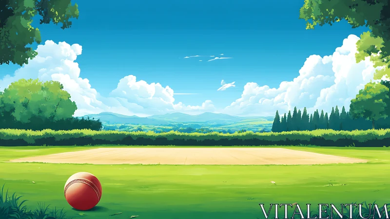 Cricket field landscape with boundary trees and clear sky.