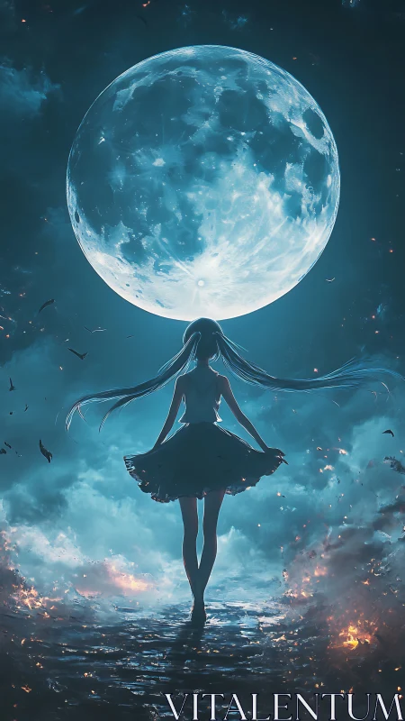 Moonlit dreamer walks toward a glowing sky of wonders