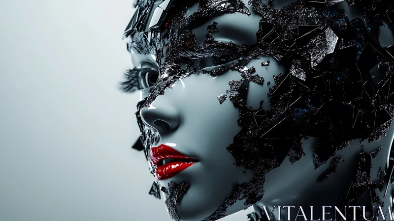 Cybernetic female bust with fractured graphite shards and glossy lips